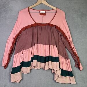 Anthropologie Meadow Rue Top Womens Small Pink Mixed Media Colorblock Ruffle Hem